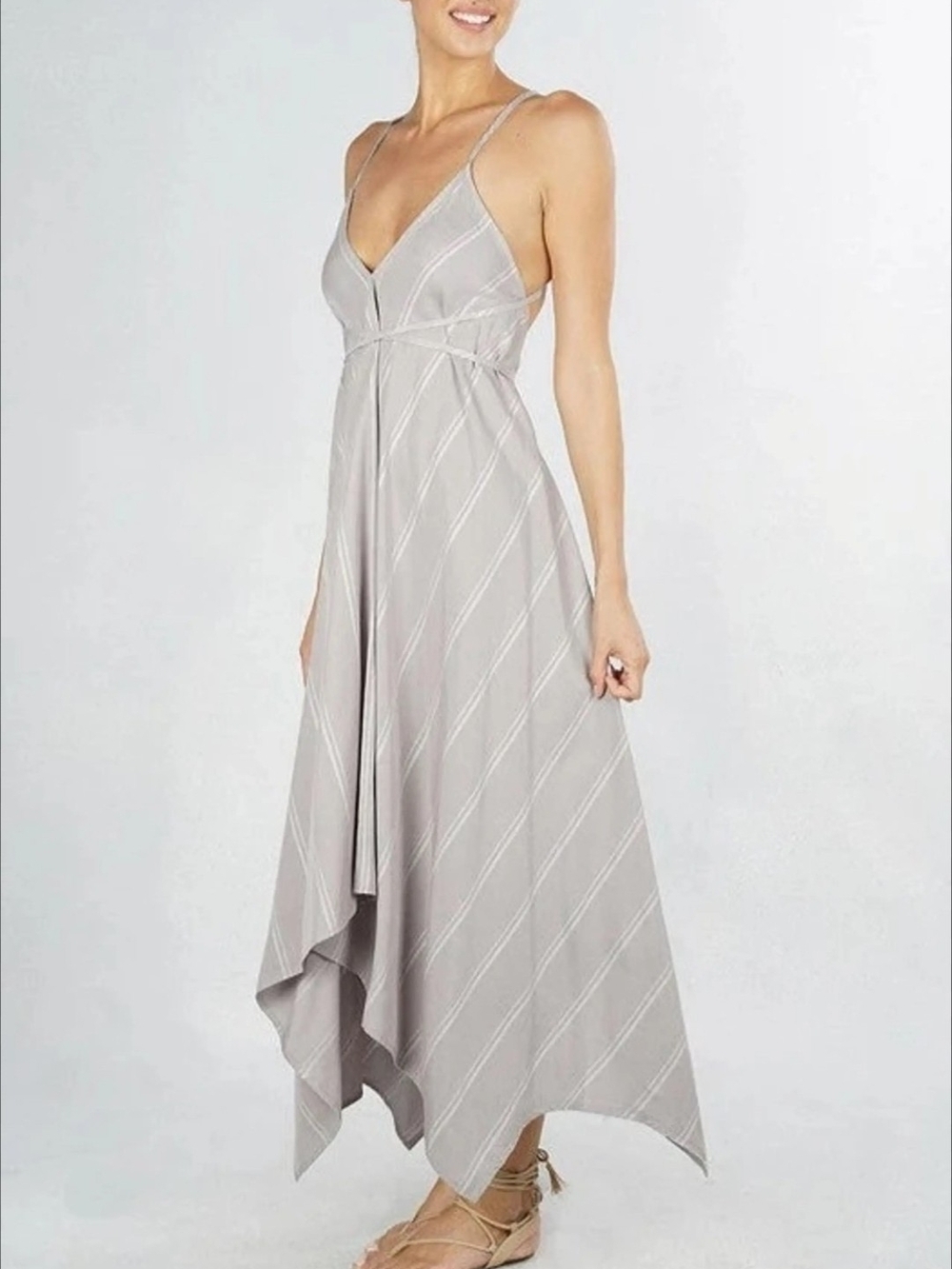 lovestitch Green Striped Asymmetrical Handkerchief Hem Maxi Dress